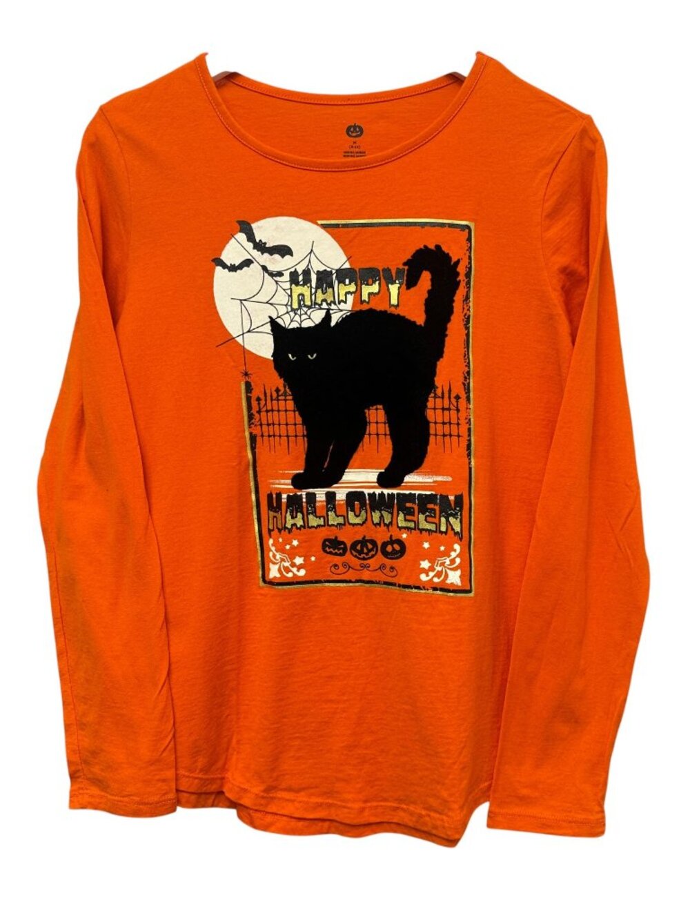 Halloween T-shirt Black Cat Graphic Tee Size 8/10 Small Long Sleeve Cotton Top